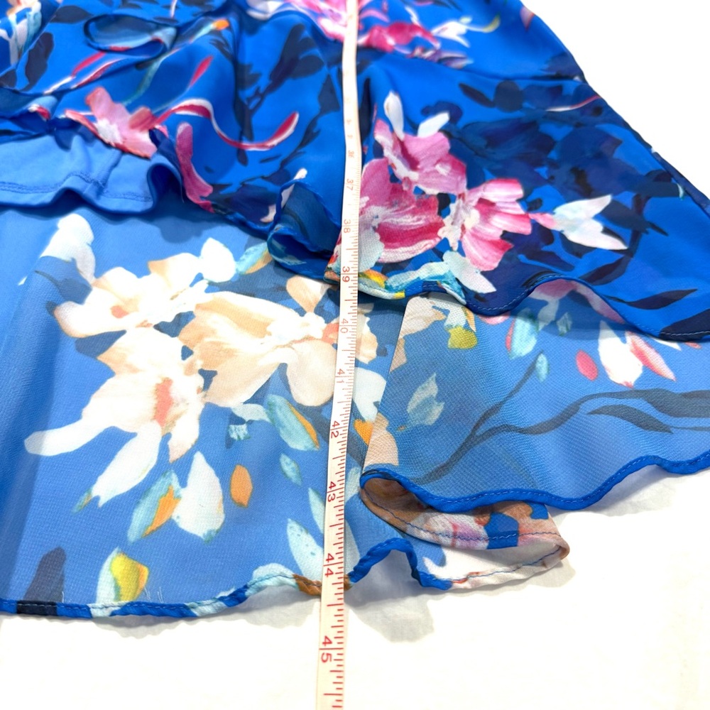 Adrianna Papell Blue Floral Faux Wrap Y2K 90s Fairy Flowy Ruffle Dress Size 4 - Picture 12 of 12